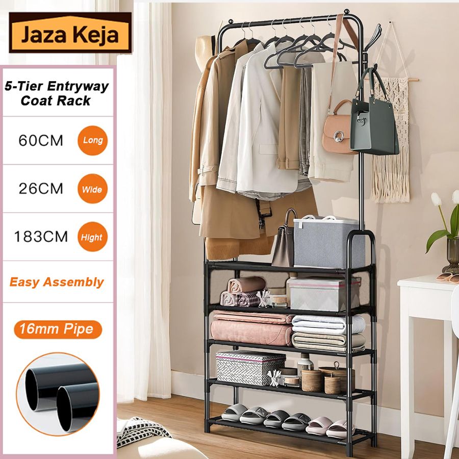 Jaza Keja 5 Tier Coat Rack Hall Tree Entryway Shoes Rack Metallic Shelf Coat Wardrobe Rack for Home Office Bedroom Mudroom Living Room