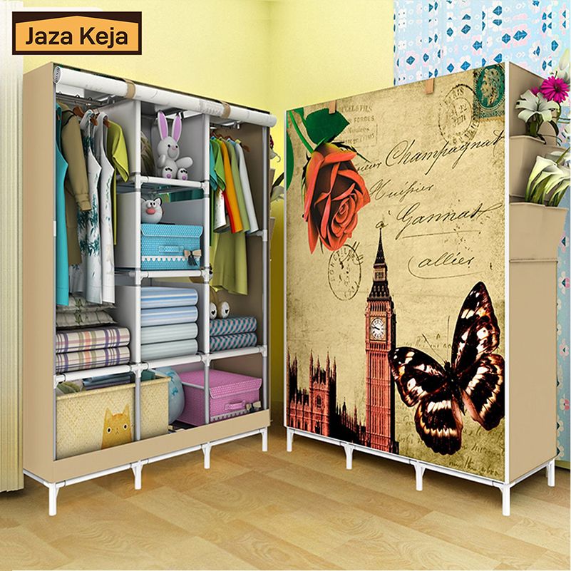 [Sale]Jaza Keja Portable 3 Columns Metallic Wardrobe Closet Clothes Organizer Cartoon Cover with 6 Storage Shelves 2 Hanging Sections Pink Love Gift