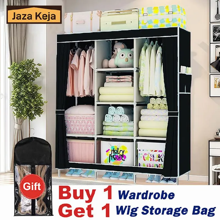 Jaza Keja 3 Columns 130cm Assemble Closets Portable Metallic Portable Cloth Wardrobe with T-shaped Zipper & Velcro