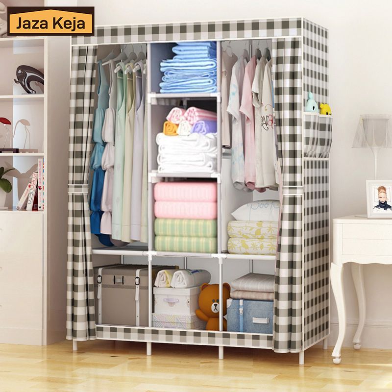Jaza Keja 105cm 3 Columns T Zip Portable Wardrobe Black Gold Closet Clothes Metallic Organizer Non-Woven Fabric Cover with 6 Storage Shelves 2 Hanging Sections