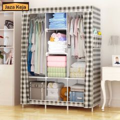 [Sale]Jaza Keja 105cm 3 Columns T Zip Portable Wardrobe Black Gold Closet Clothes Metallic Organizer Non-Woven Fabric Cover with 6 Storage Shelves 2 Hanging Sections