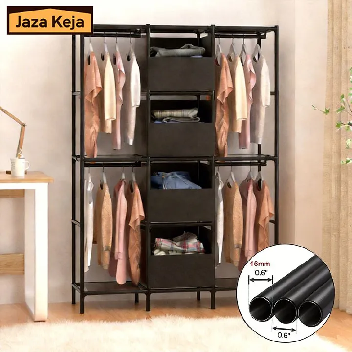 [New]Jaza Keja 16mm 3 Columns Premium Portable Closet Heavy Duty Large Capacity Wardrobe Closet Sturdy Stable Clothes Rack with Shelves 4 Storage Baskets 2 Hanging Rods for Bedroom Cloakroom