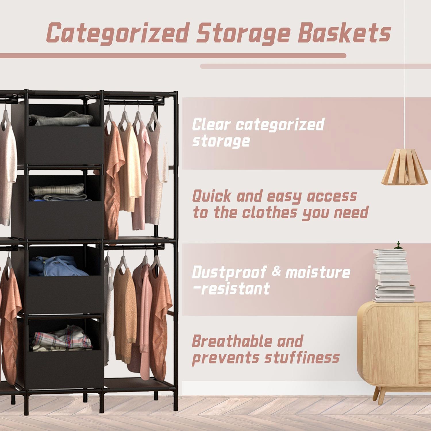 [New]Jaza Keja 16mm 3 Columns Premium Portable Closet Heavy Duty Large Capacity Wardrobe Closet Sturdy Stable Clothes Rack with Shelves 4 Storage Baskets 2 Hanging Rods for Bedroom Cloakroom