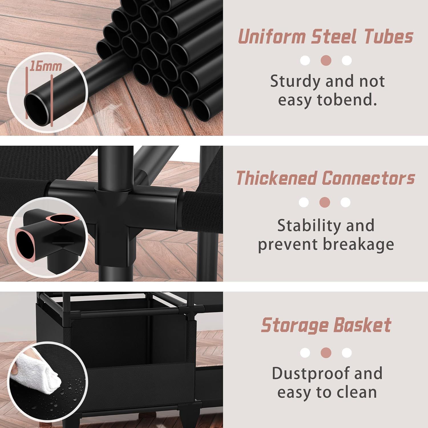 [New]Jaza Keja 16mm 3 Columns Premium Portable Closet Heavy Duty Large Capacity Wardrobe Closet Sturdy Stable Clothes Rack with Shelves 4 Storage Baskets 2 Hanging Rods for Bedroom Cloakroom