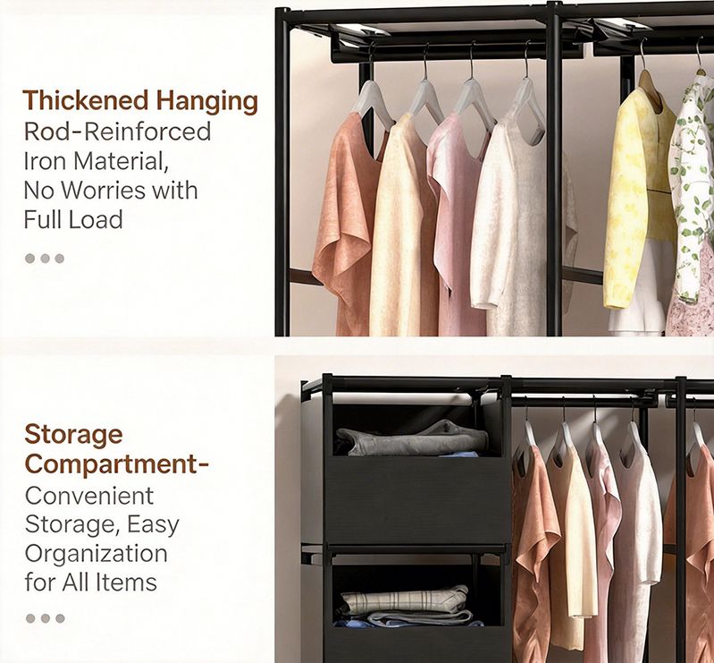 [New]Jaza Keja 16mm 3 Columns Premium Portable Closet Heavy Duty Large Capacity Wardrobe Closet Sturdy Stable Clothes Rack with Shelves 4 Storage Baskets 2 Hanging Rods for Bedroom Cloakroom
