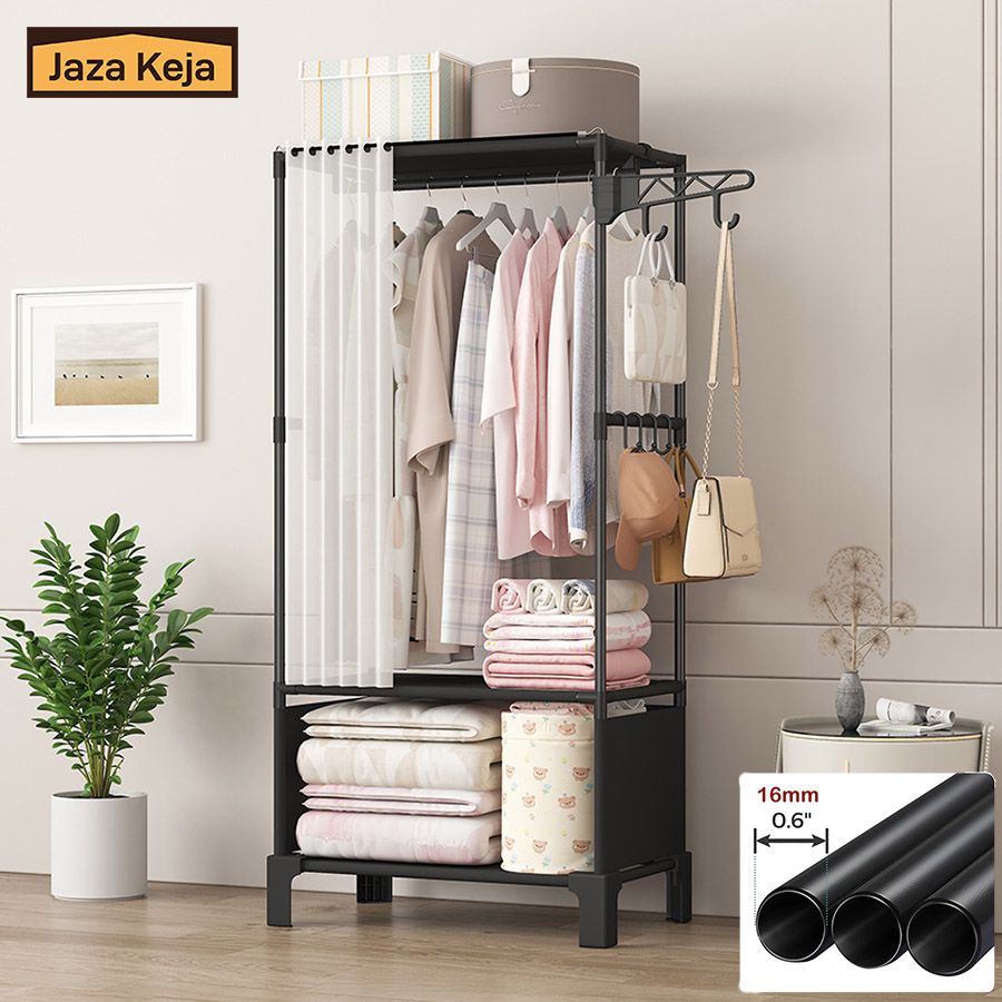 [New]Jaza Keja 16mm Heavy Duty Premium Metallic Clothes Rack for Hanging Clothes Adjustable Closet Organizer System with Curtain
