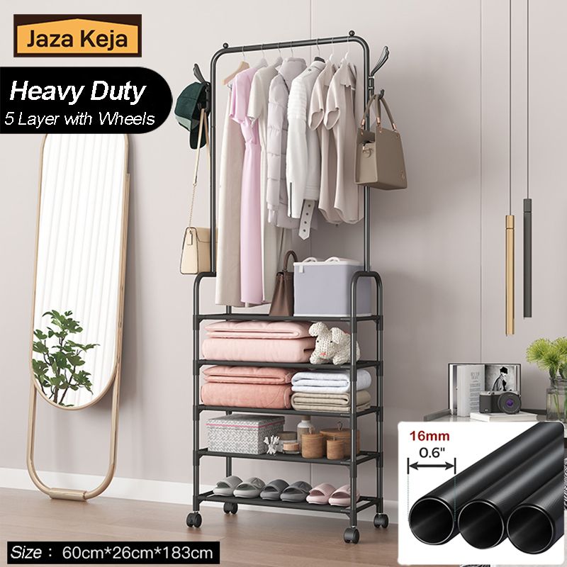 Jaza Keja 5 Tier Coat Rack Hall Tree Entryway Shoes Rack Metallic Shelf Coat Wardrobe Rack for Home Office Bedroom Mudroom Living Room