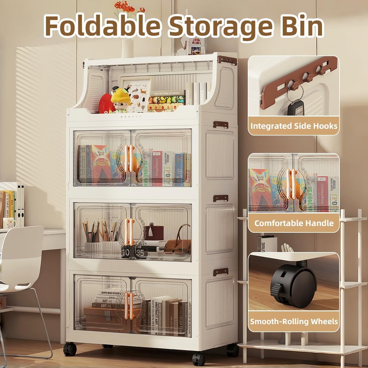 [New]Jaza Keja Stackable Storage Bins with Lids Rack 4 Tier Large Capacity Foldable Storage Cabinet Clear Collapsible Pantry Organizer for Home, Kitchen, Bathroom, Dorm, Office