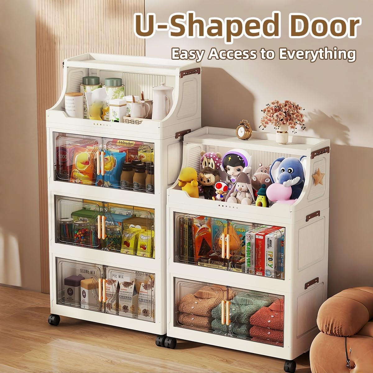 [New]Jaza Keja Stackable Storage Bins with Lids Rack 4 Tier Large Capacity Foldable Storage Cabinet Clear Collapsible Pantry Organizer for Home, Kitchen, Bathroom, Dorm, Office