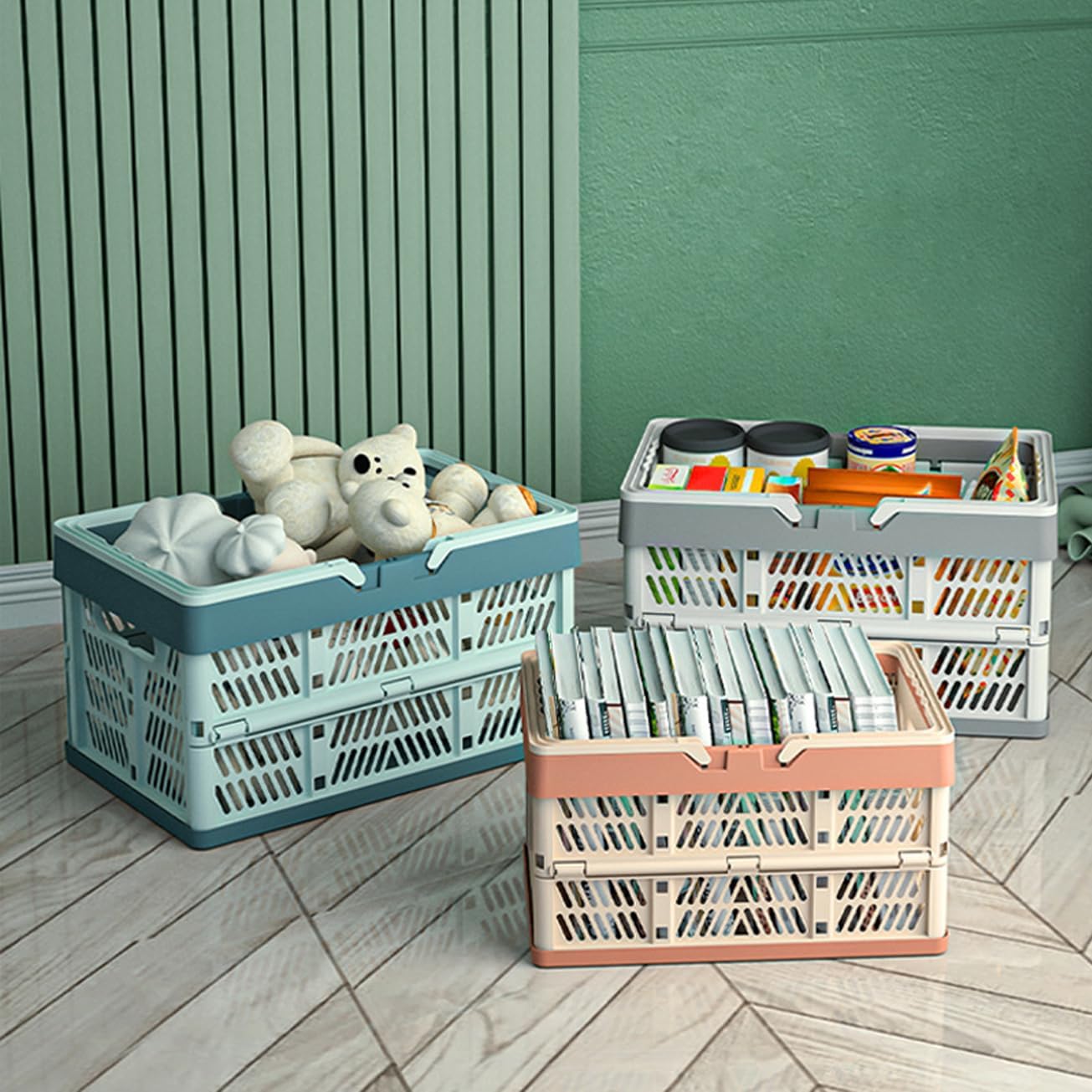 [New]Jaza Keja 20L 30L Plastic Collapsible Crate with Handle Stackable Grocery Shopping Baskets Organizer Container for Car Home Pinic Classroom Kitchen Bathroom
