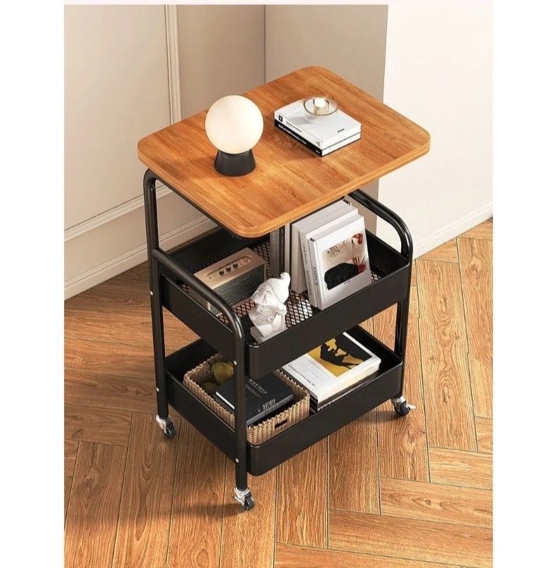 [New]Jaza Keja 3 Layer Rolling Storage Cart with Wooden Desktop-Versatile Metal Organizer ForKitchen Office Organizer Storage Cart,Standing Shelf