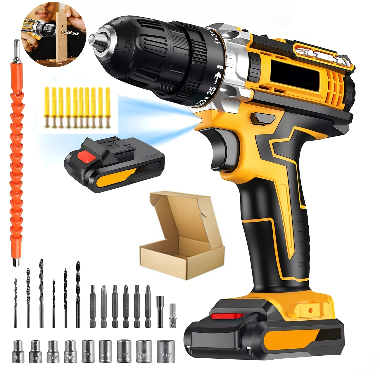 New cordless drill kit, 21V electric drill, with 1 battery and charger, 25+3 torque setting drill, with 38 accessories, built-in 3/8 inch keyless chuck, LED light, maximum 38 inch/lb electric screwdri