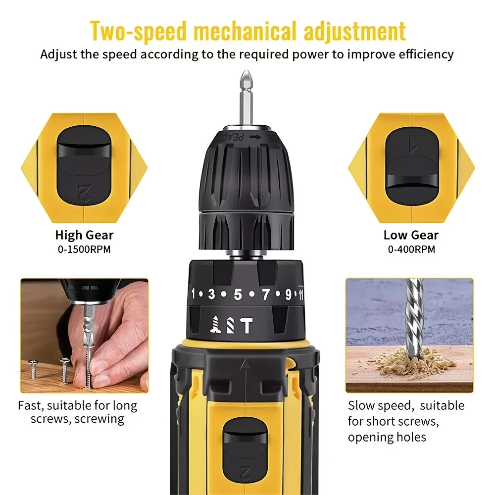 New cordless drill kit, 21V electric drill, with 1 battery and charger, 25+3 torque setting drill, with 38 accessories, built-in 3/8 inch keyless chuck, LED light, maximum 38 inch/lb electric screwdri
