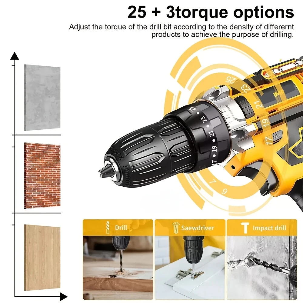 New cordless drill kit, 21V electric drill, with 1 battery and charger, 25+3 torque setting drill, with 38 accessories, built-in 3/8 inch keyless chuck, LED light, maximum 38 inch/lb electric screwdri