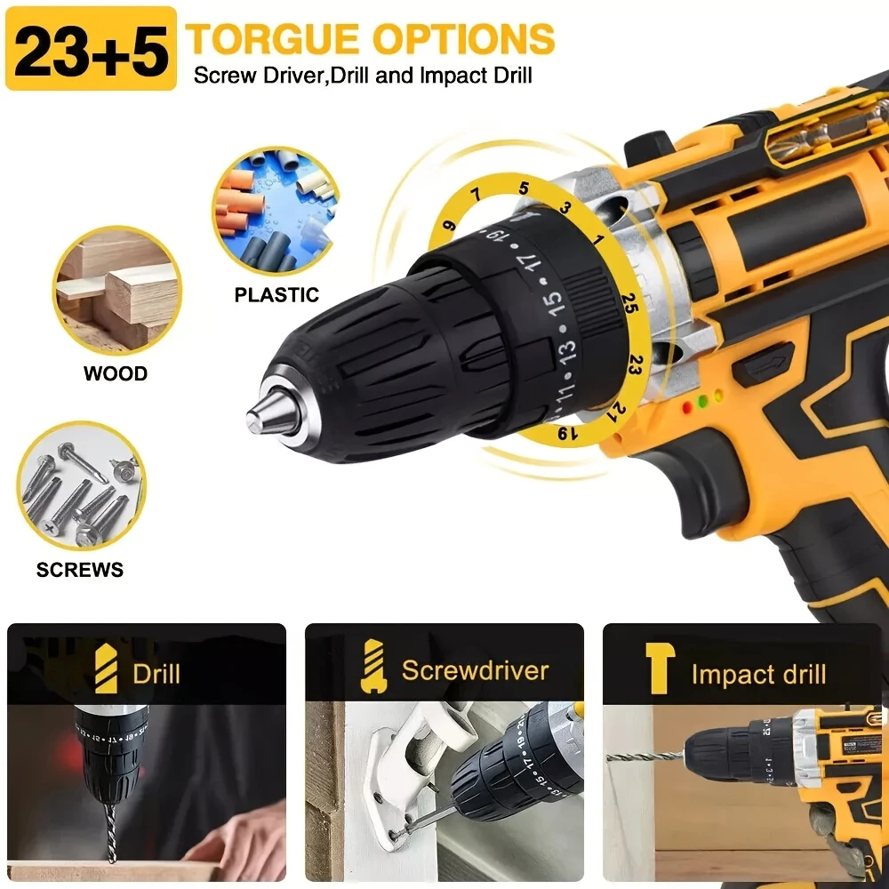 New cordless drill kit, 21V electric drill, with 1 battery and charger, 25+3 torque setting drill, with 38 accessories, built-in 3/8 inch keyless chuck, LED light, maximum 38 inch/lb electric screwdri