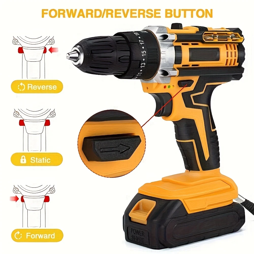 New cordless drill kit, 21V electric drill, with 1 battery and charger, 25+3 torque setting drill, with 38 accessories, built-in 3/8 inch keyless chuck, LED light, maximum 38 inch/lb electric screwdri