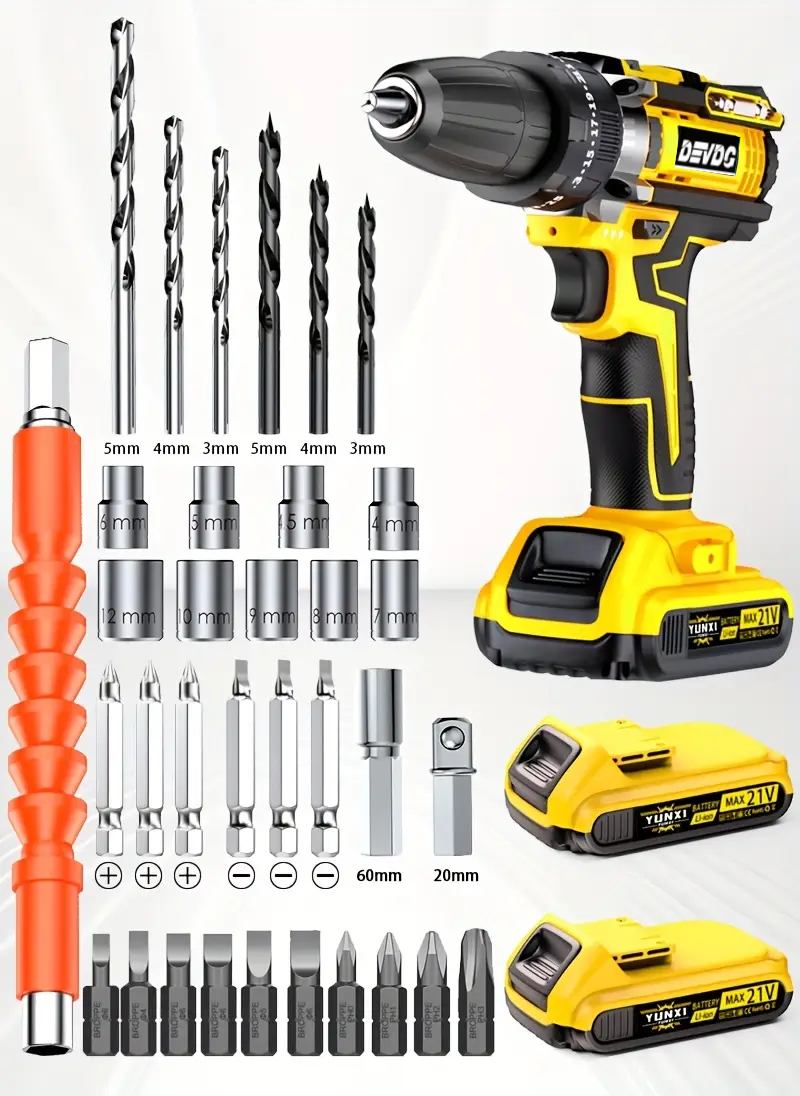 New cordless drill kit, 21V electric drill, with 1 battery and charger, 25+3 torque setting drill, with 38 accessories, built-in 3/8 inch keyless chuck, LED light, maximum 38 inch/lb electric screwdri