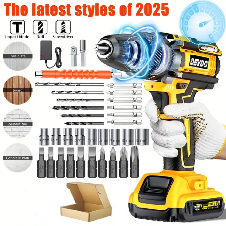 New cordless drill kit, 21V electric drill, with 1 battery and charger, 25+3 torque setting drill, with 38 accessories, built-in 3/8 inch keyless chuck, LED light, maximum 38 inch/lb electric screwdri