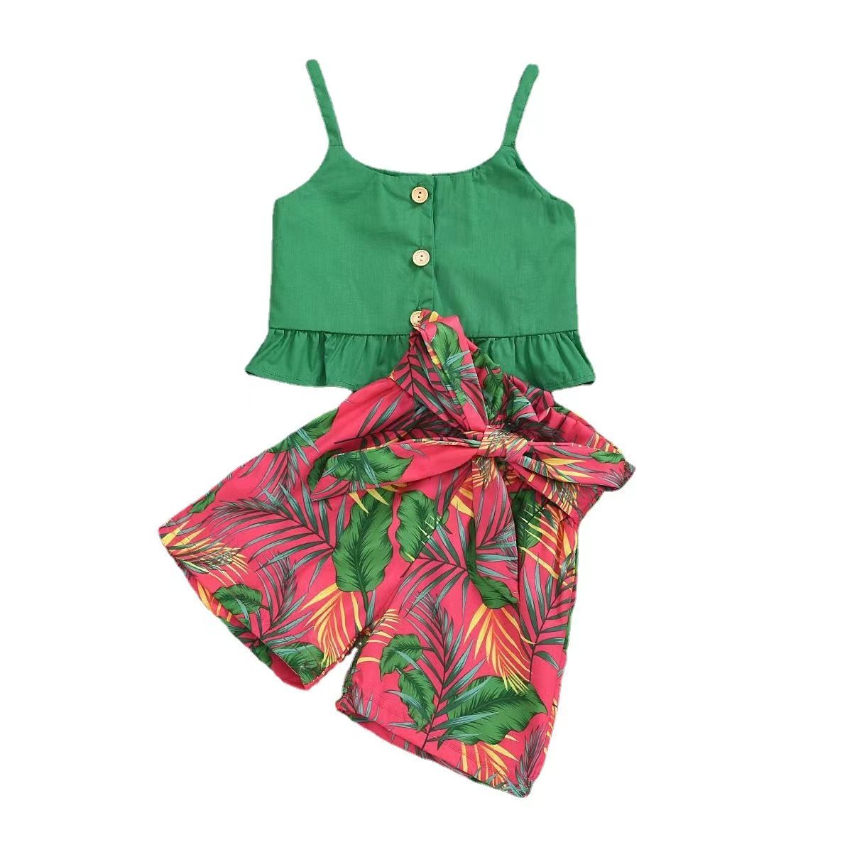 D-baby Toddler Kids Baby Girls Sling Tops+Flower print Buttons Short Set Outfits Clothes 2PCS