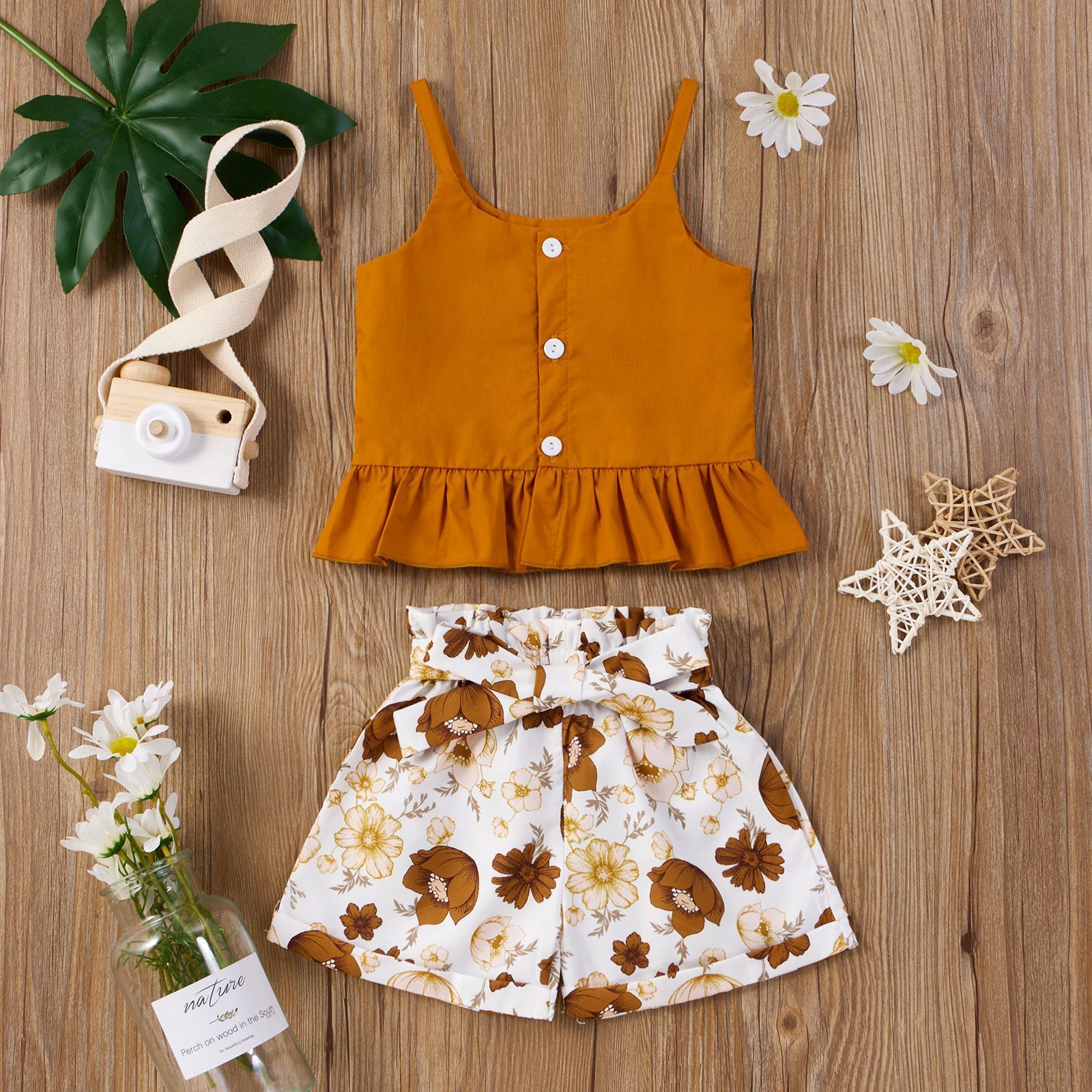 D-baby Toddler Kids Baby Girls Sling Tops+Flower print Buttons Short Set Outfits Clothes 2PCS