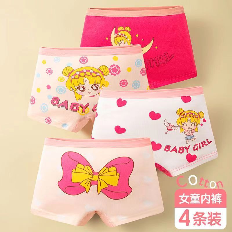 D-baby 4 Pcs/pack Children Cotton Underwear Baby Girl Cartoon Printed Boxer Briefs Panties