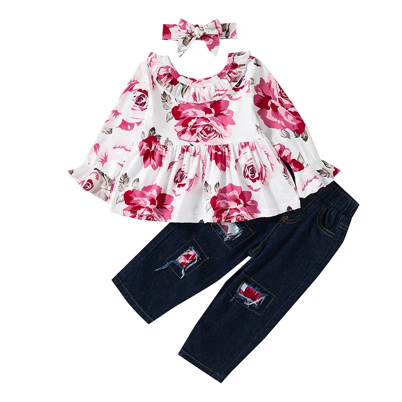D-baby Fashionable Girl's Suit Long sleeve Ruffled Floral print top + Jeans Suit Outfits Clothes