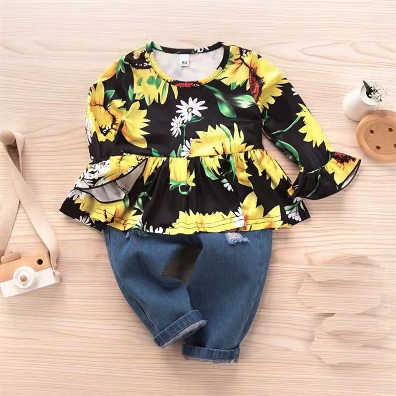 D-baby Fashionable Girl's Suit Long sleeve Ruffled Floral print top + Jeans Suit Outfits Clothes