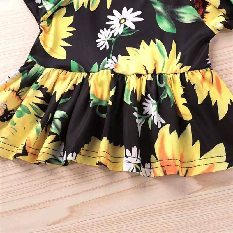 D-baby Fashionable Girl's Suit Long sleeve Ruffled Floral print top + Jeans Suit Outfits Clothes
