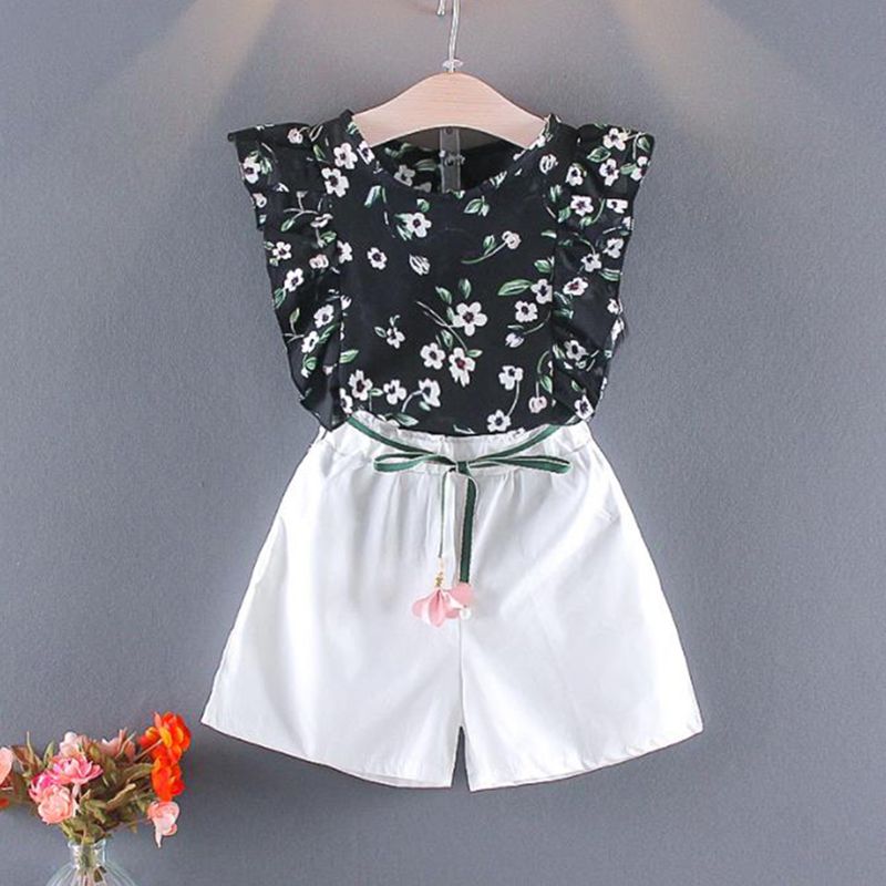D-baby 2PCS Cute Baby Clothes Baby Girls 0-4 years old Top +shorts suit Lovely and sweet suit