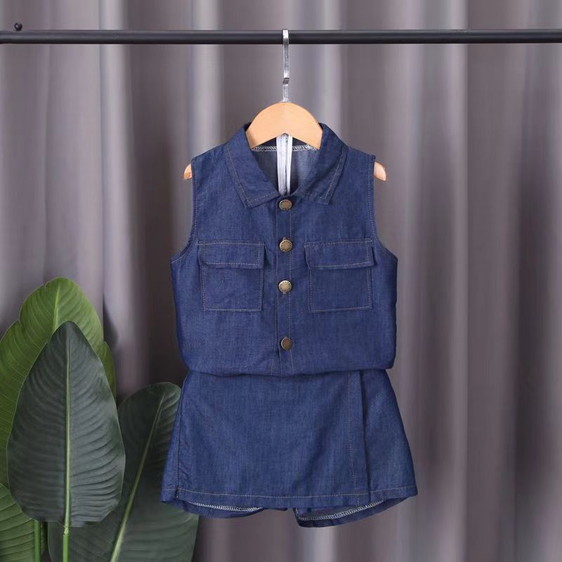 D-baby Children's and girls' sleeveless Soft denim top+shorts suit Cool Girl Fashion 2 PCS Suit