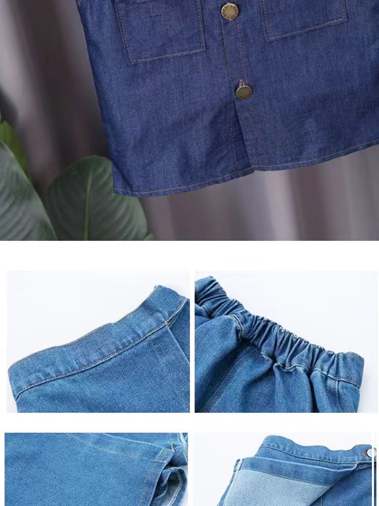 D-baby Children's and girls' sleeveless Soft denim top+shorts suit Cool Girl Fashion 2 PCS Suit
