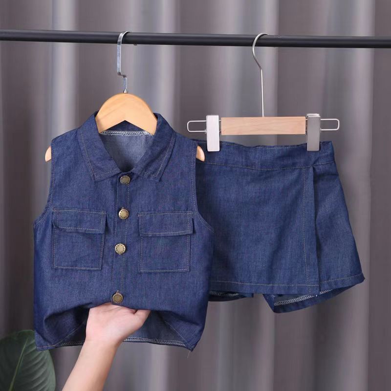 D-baby Children's and girls' sleeveless Soft denim top+shorts suit Cool Girl Fashion 2 PCS Suit