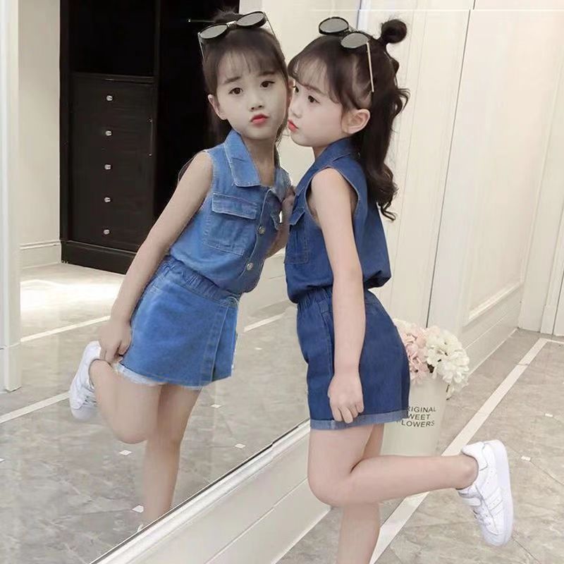 D-baby Children's and girls' sleeveless Soft denim top+shorts suit Cool Girl Fashion 2 PCS Suit