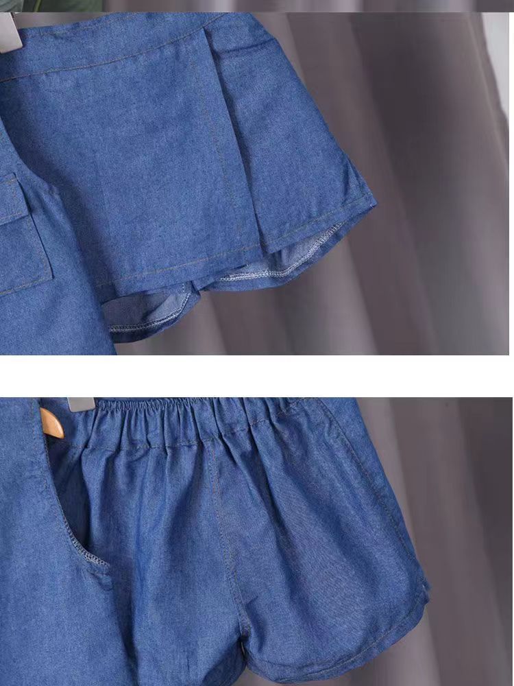 D-baby Children's and girls' sleeveless Soft denim top+shorts suit Cool Girl Fashion 2 PCS Suit