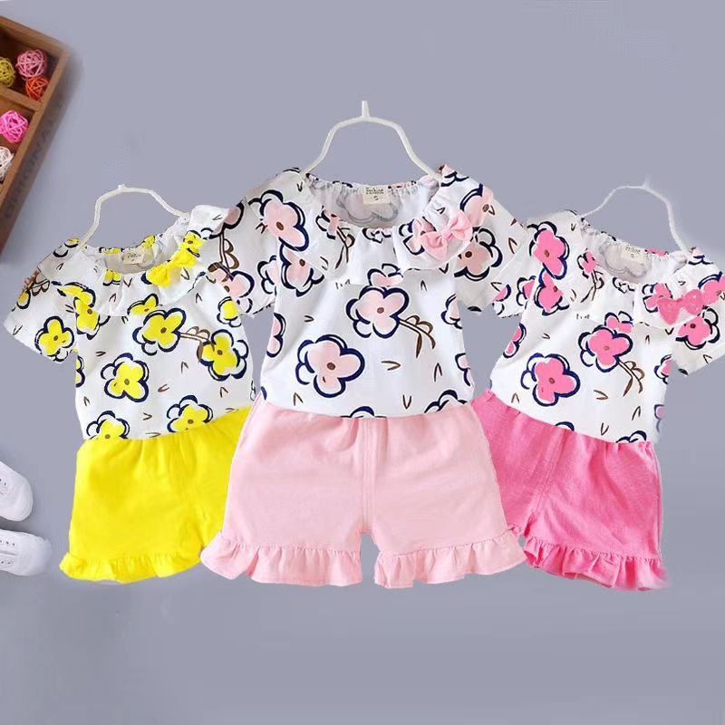 D-baby summer new girls short sleeve shorts flowers two-piece baby sweet suit