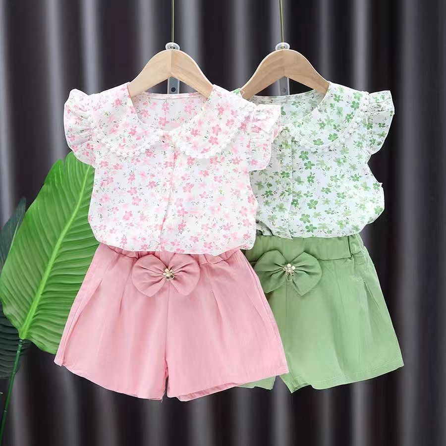 D-baby summer new girls Lapel Floral Ruffle Sleeve Top +Bow solid color shorts two-piece baby sweet suit