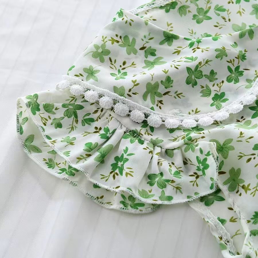 D-baby summer new girls Lapel Floral Ruffle Sleeve Top +Bow solid color shorts two-piece baby sweet suit