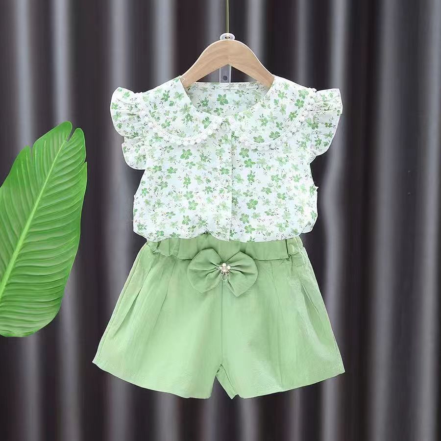 D-baby summer new girls Lapel Floral Ruffle Sleeve Top +Bow solid color shorts two-piece baby sweet suit