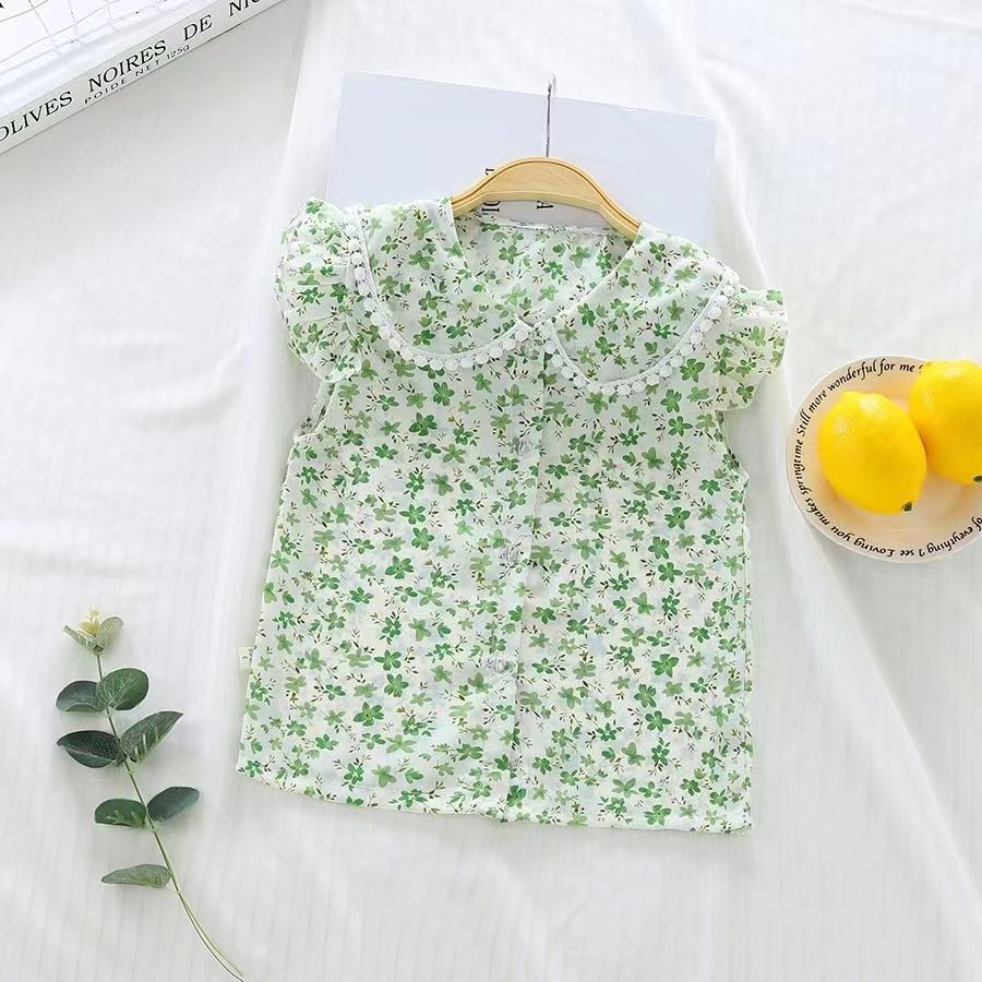 D-baby summer new girls Lapel Floral Ruffle Sleeve Top +Bow solid color shorts two-piece baby sweet suit