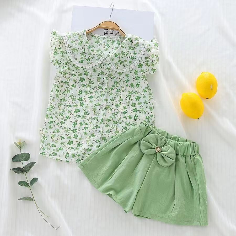 D-baby summer new girls Lapel Floral Ruffle Sleeve Top +Bow solid color shorts two-piece baby sweet suit