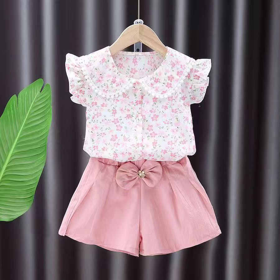 D-baby summer new girls Lapel Floral Ruffle Sleeve Top +Bow solid color shorts two-piece baby sweet suit