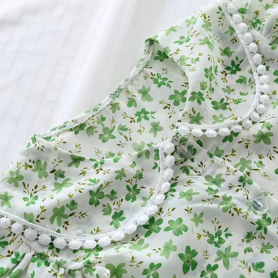 D-baby summer new girls Lapel Floral Ruffle Sleeve Top +Bow solid color shorts two-piece baby sweet suit