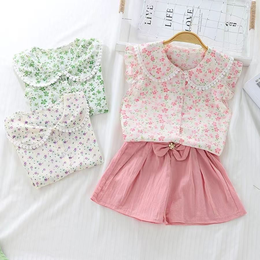 D-baby summer new girls Lapel Floral Ruffle Sleeve Top +Bow solid color shorts two-piece baby sweet suit