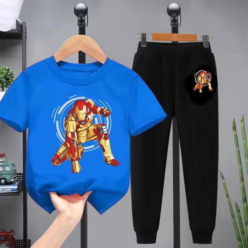 D-baby 2 Pcs Boys Clothes Set Cartoon T-shirt and Trousers Kids Summer Wear