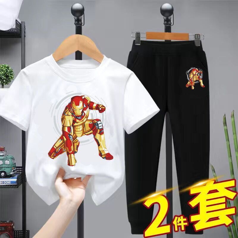 D-baby 2 Pcs Boys Clothes Set Cartoon T-shirt and Trousers Kids Summer Wear