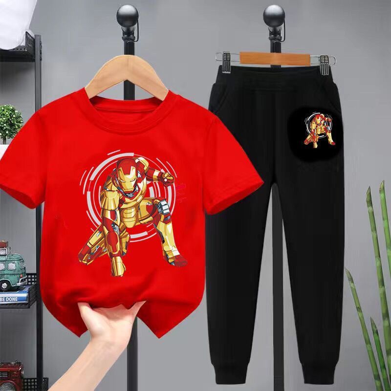 D-baby 2 Pcs Boys Clothes Set Cartoon T-shirt and Trousers Kids Summer Wear