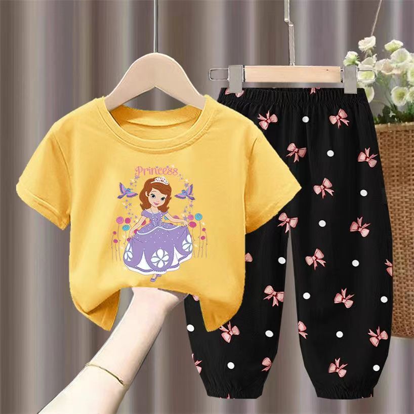 D-baby 2Pcs 1-7Y Girls Clothes Sofia Printing Top And trousers Kids Summer Wear Kids Suits