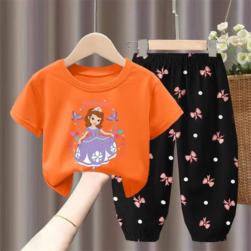 D-baby 2Pcs 1-7Y Girls Clothes Sofia Printing Top And trousers Kids Summer Wear Kids Suits