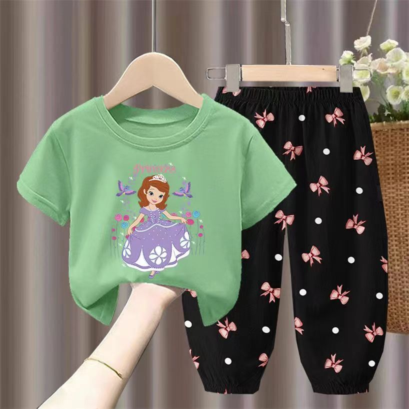 D-baby 2Pcs 1-7Y Girls Clothes Sofia Printing Top And trousers Kids Summer Wear Kids Suits
