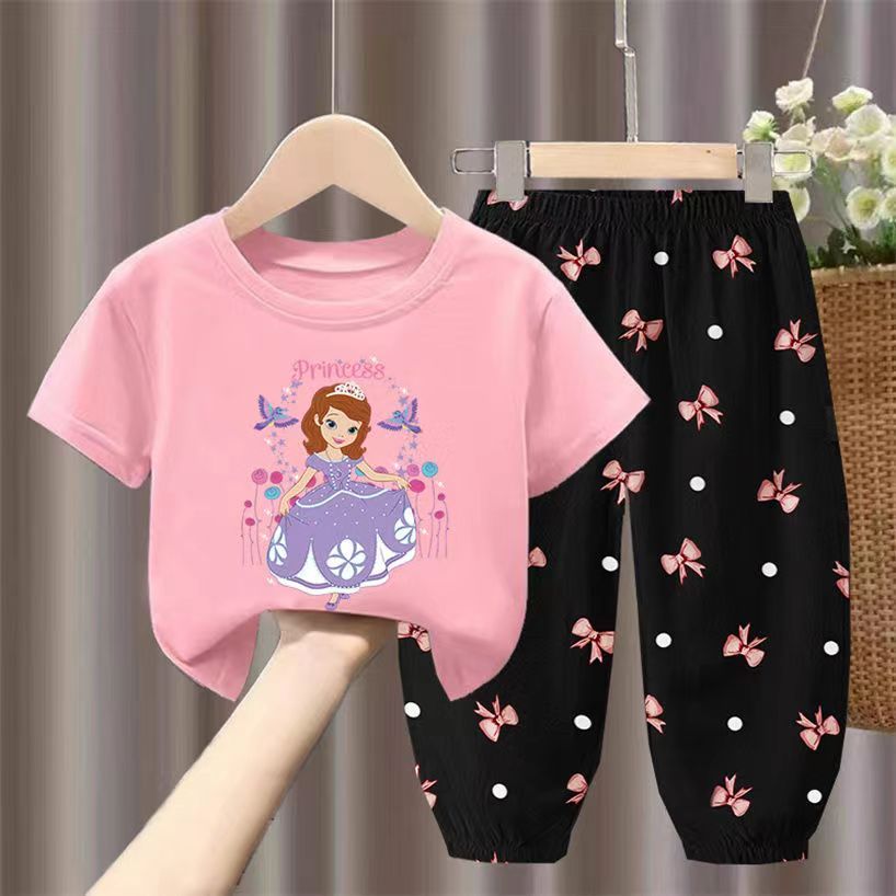D-baby 2Pcs 1-7Y Girls Clothes Sofia Printing Top And trousers Kids Summer Wear Kids Suits